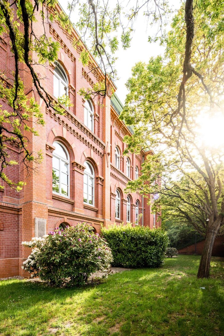 Historisches Gebäude im Grünen Das Bild zeigt die Fassade eines historischen, roten Backsteingebäudes, umgeben von grünen Bäumen und Sträuchern. Die Sonne scheint durch die Blätter und beleuchtet die Architektur des Gebäudes. Der Rasen im Vordergrund ist gepflegt und ergänzt die angenehme, ruhige Atmosphäre.